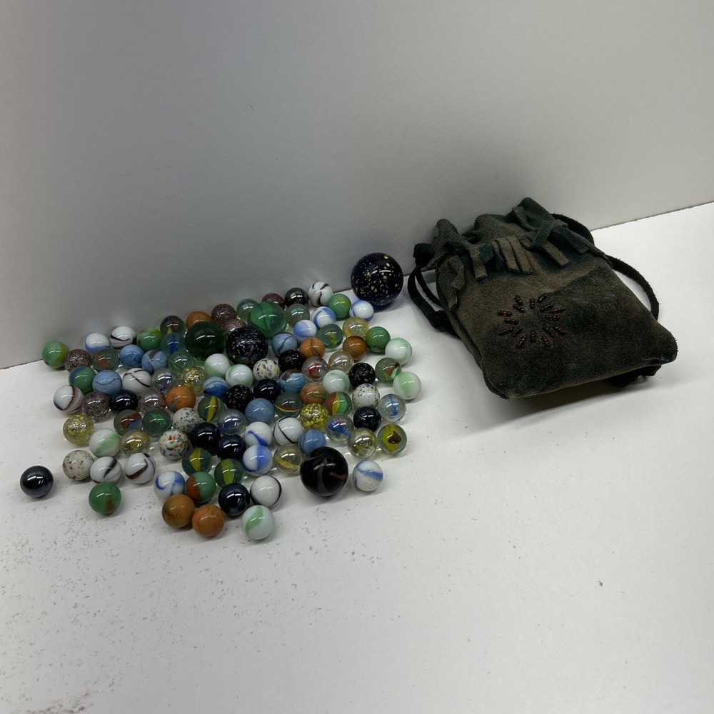 Lot Of 100 + Vintage Marbles With Indian Style Carrying Bag